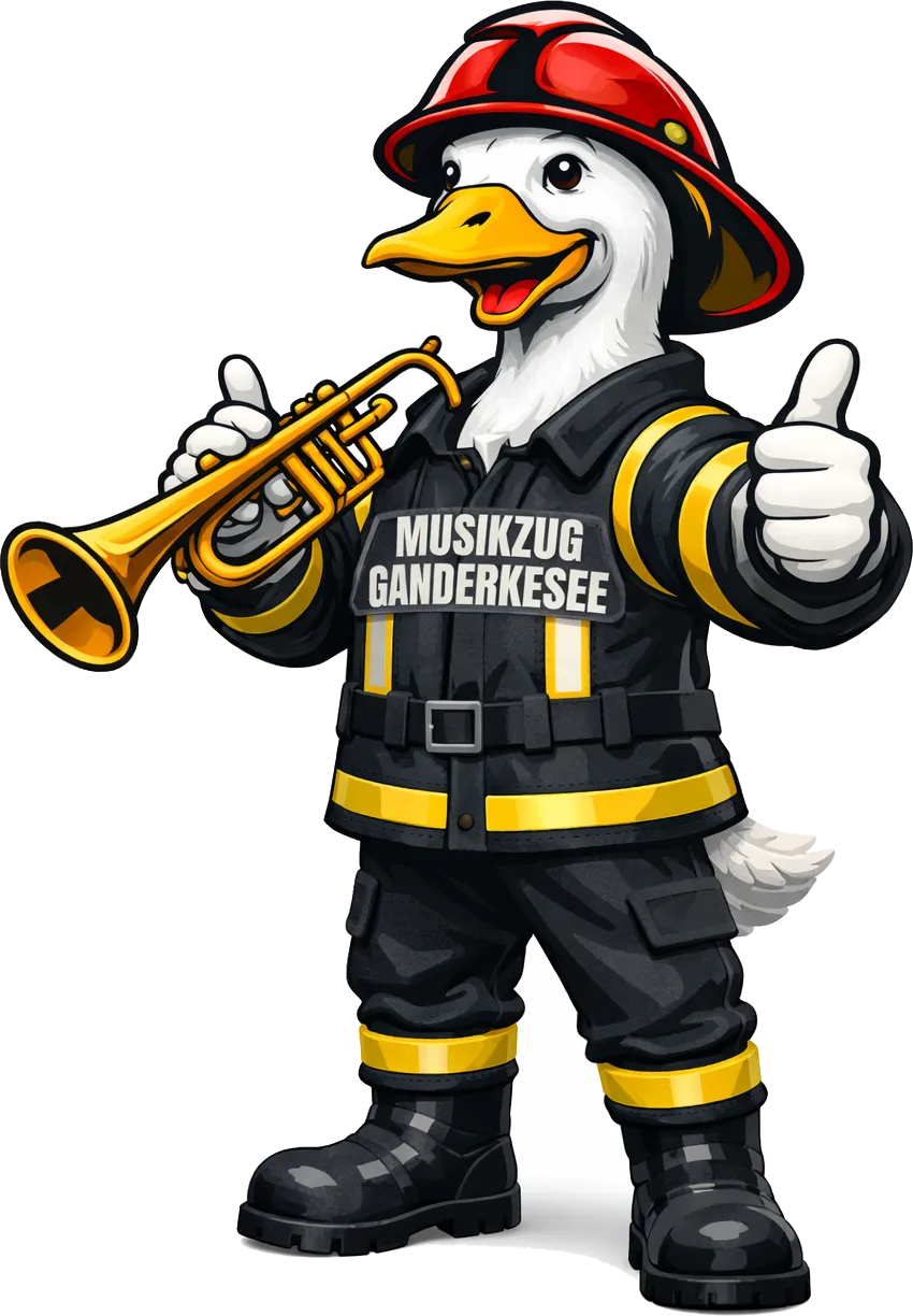 Der Ganter des Musikzugs Ganderkesee – Gans mit Feuerwehrhelm und Trompete
