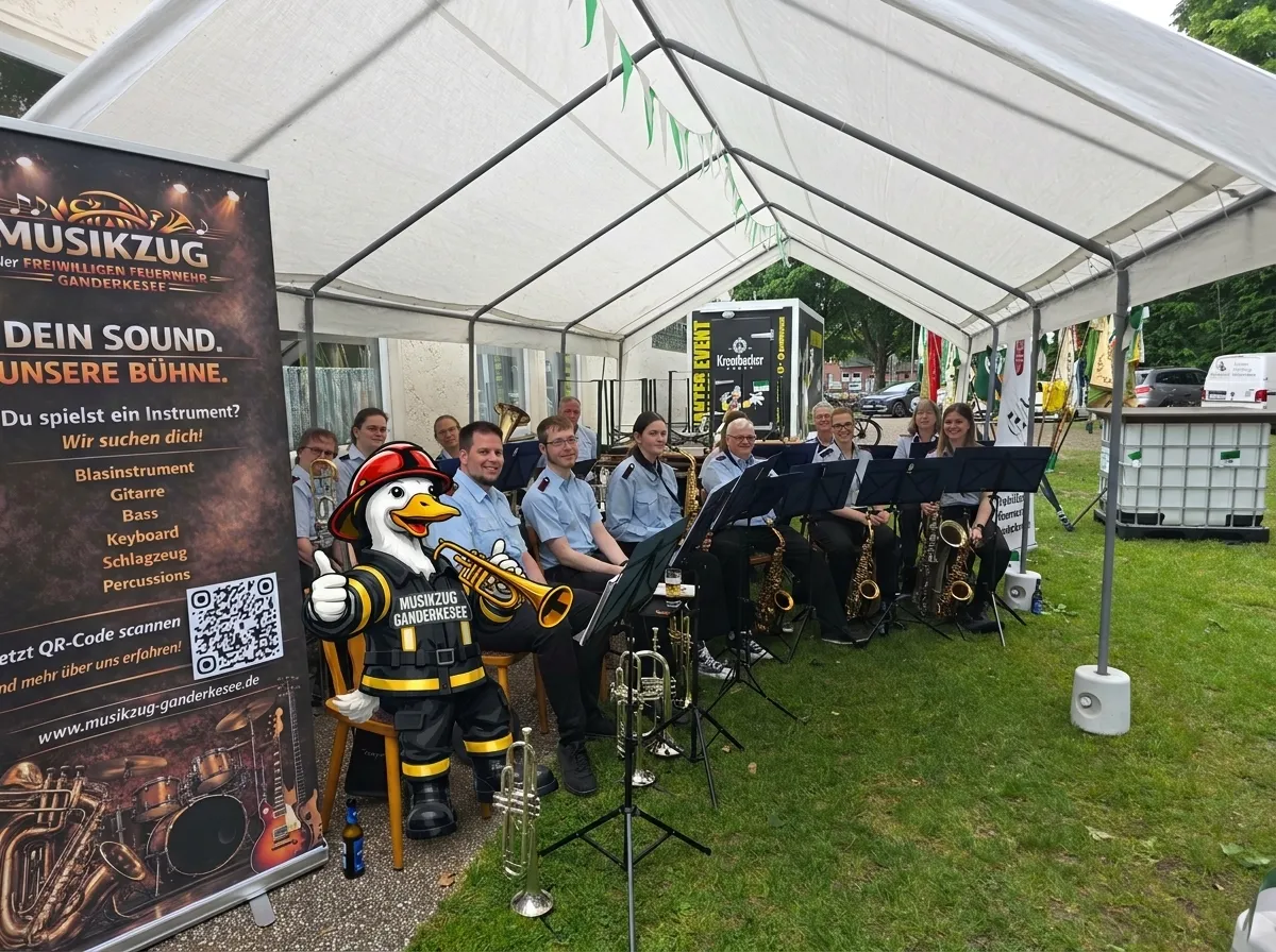 Der Musikzug Ganderkesee beim Auftritt im Zelt – Bläser mit Saxophonen und Trompeten, davor der Ganter
